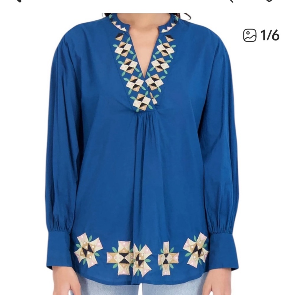 Roller Rabbit Tallulah Blouse Shirt Size Small Embroidered Cotton Boho Tunic Top